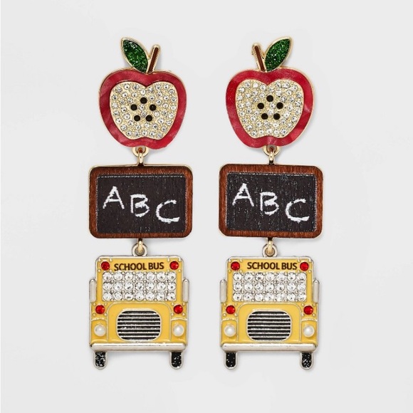 Baublebar Sugarfix Hungry For Knowledge Apple Bus Chalkboard School Earrings NWT - Picture 1 of 6
